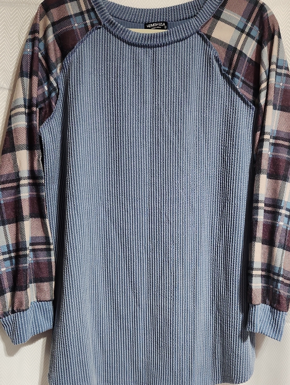 1XL HEIMISH USA Blue Waffle Knit Top with Plaid Sleeves